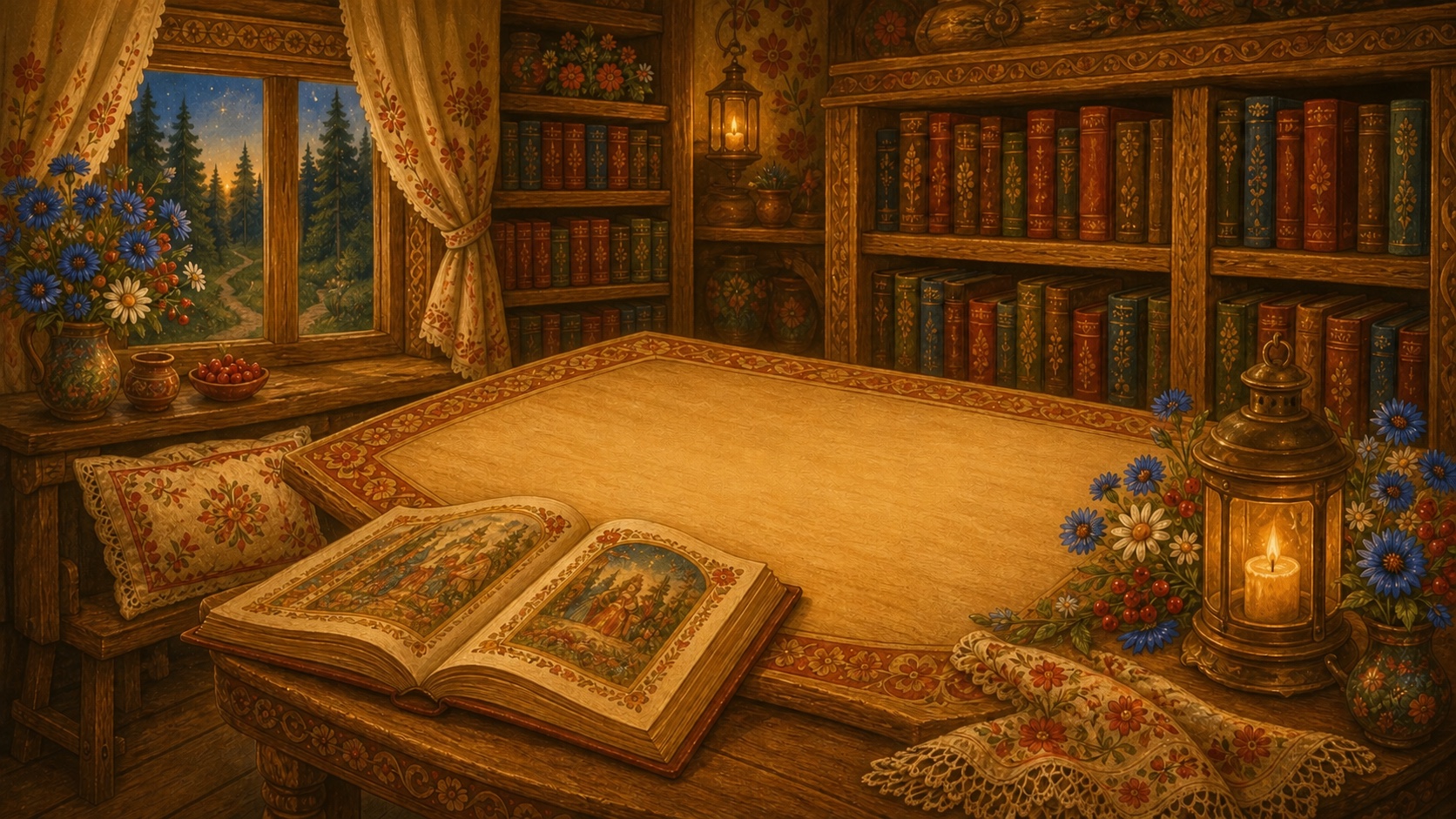Сказочная библиотека с открытой книгой и книжными шкафами